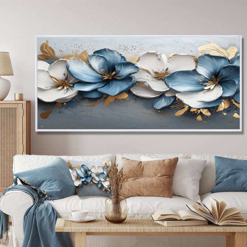 Tulipes bleues et bleues, rivière I, art mural, H 28 po x l 60 po, Cadre flottant, Blanc