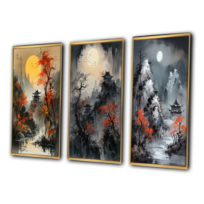 Red Moonset Raven Cry Japon III - 3 Piece Landscape Japon Canvas Wall Decor