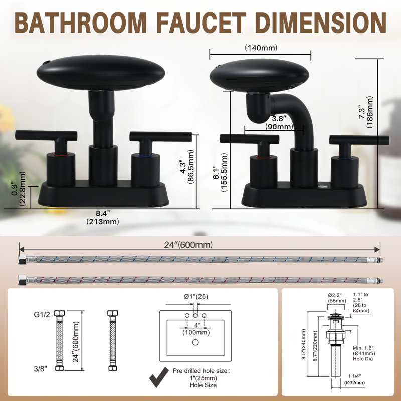 Robinet de lavabo pour salle de bain à poignée double 4 po avec bec rotatif et 4 modes d'arrosage, Noir mat