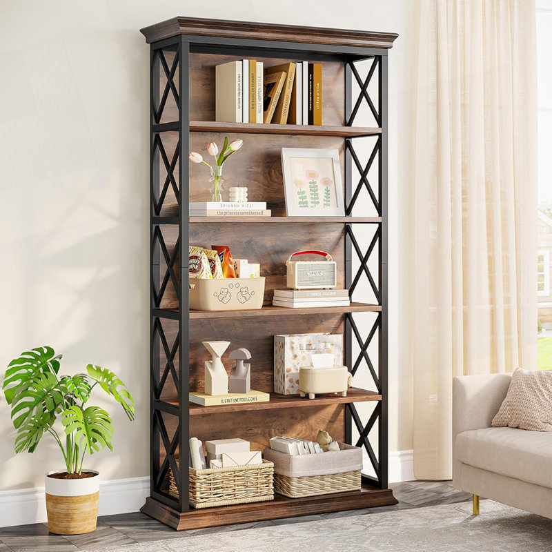 6-Tier Industrial Brown & Black Bookshelf