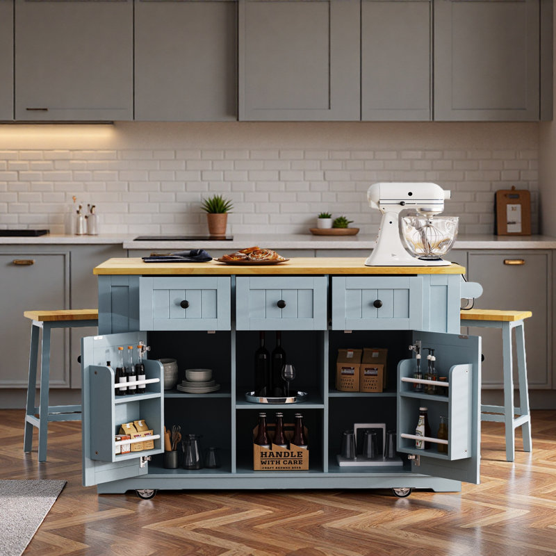 Îlot de cuisine avec 2 tabourets de bar, prise de courant, 5 roulettes, abattant et tiroirs, Bleu gris