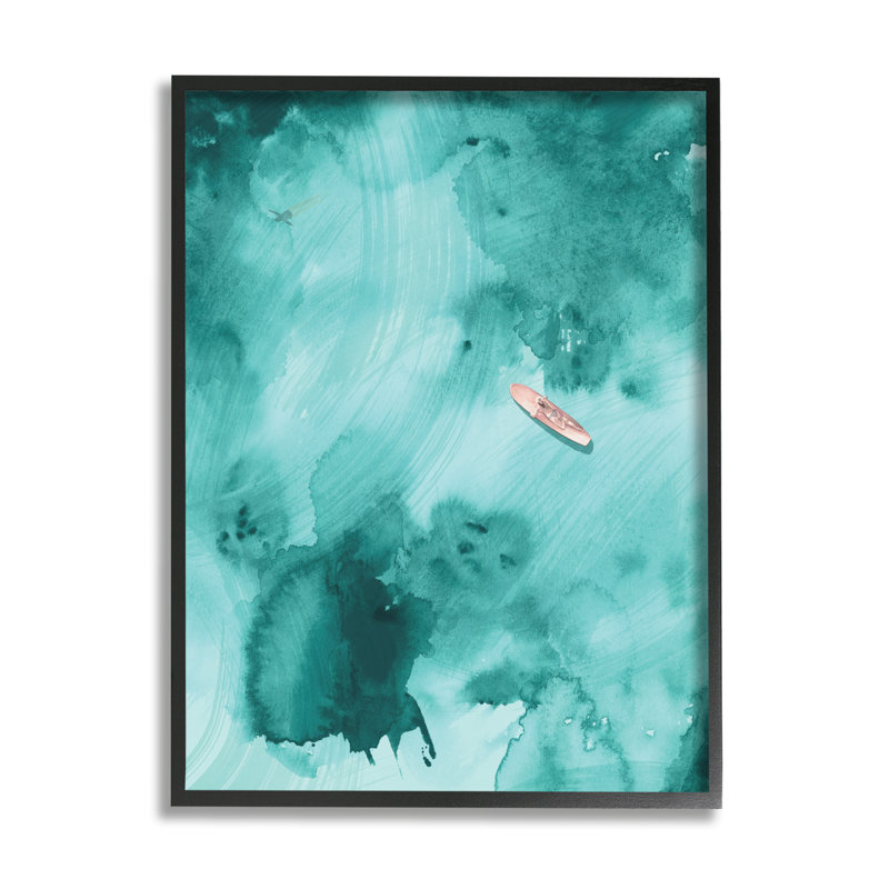 Surfeur flottant sur une eau bleue abstraite - peinture, H 14 po x l 11 po x P 1,5 po, Giclée encadrée noir minuit