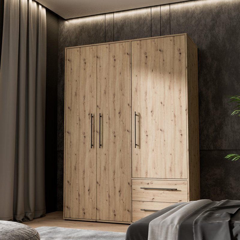 Mijah 3 Door Manufactured Wood Wardrobe, Matte Black/Oak