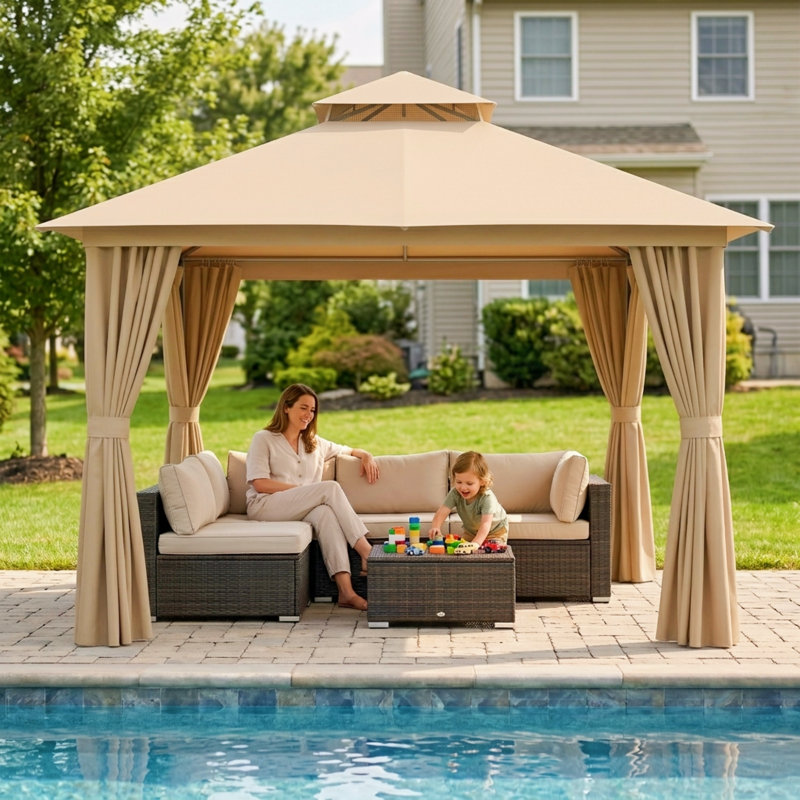 Gazebo de patio Yardgrace 3,66 m x 3,66 m avec toit souple, auvent à 2 niveaux, moustiquaire et rideaux d'intimité, brun