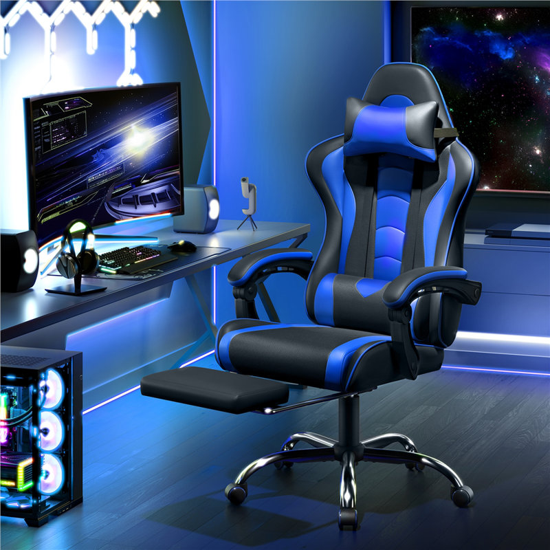 Ergonomic Gaming Chair with Massage Lumbar Pillow, Black/Blue