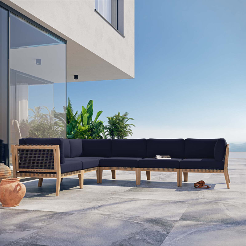 Canapé modulaire d'extérieur en bois de teck 6 pièces Clearwater par Modway, Bleu marine