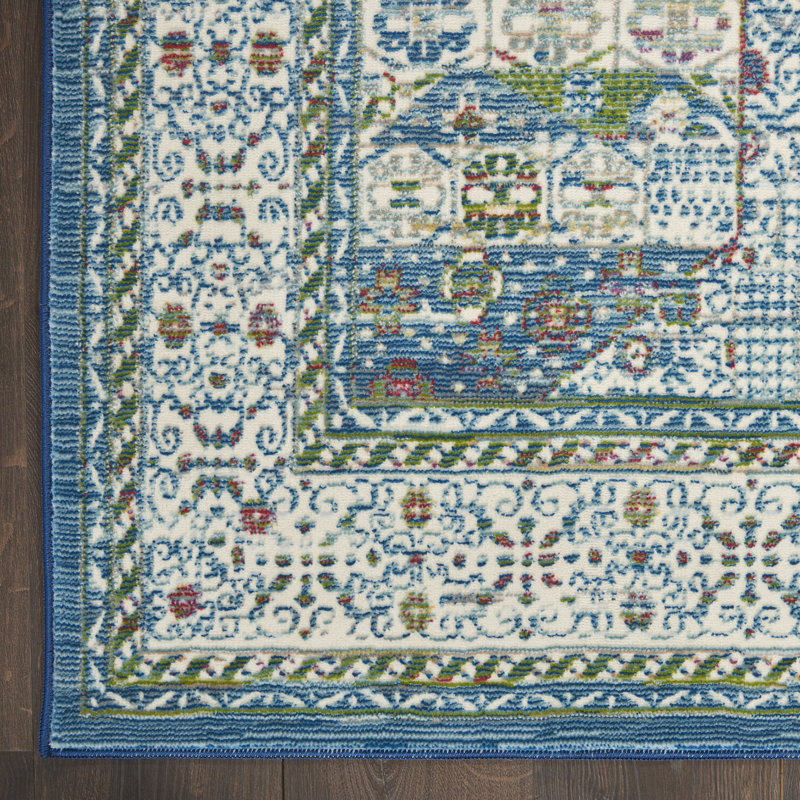 Ankara Global Bordered Ivory Light Blue Area Rug, Runner 2'4" x 8'