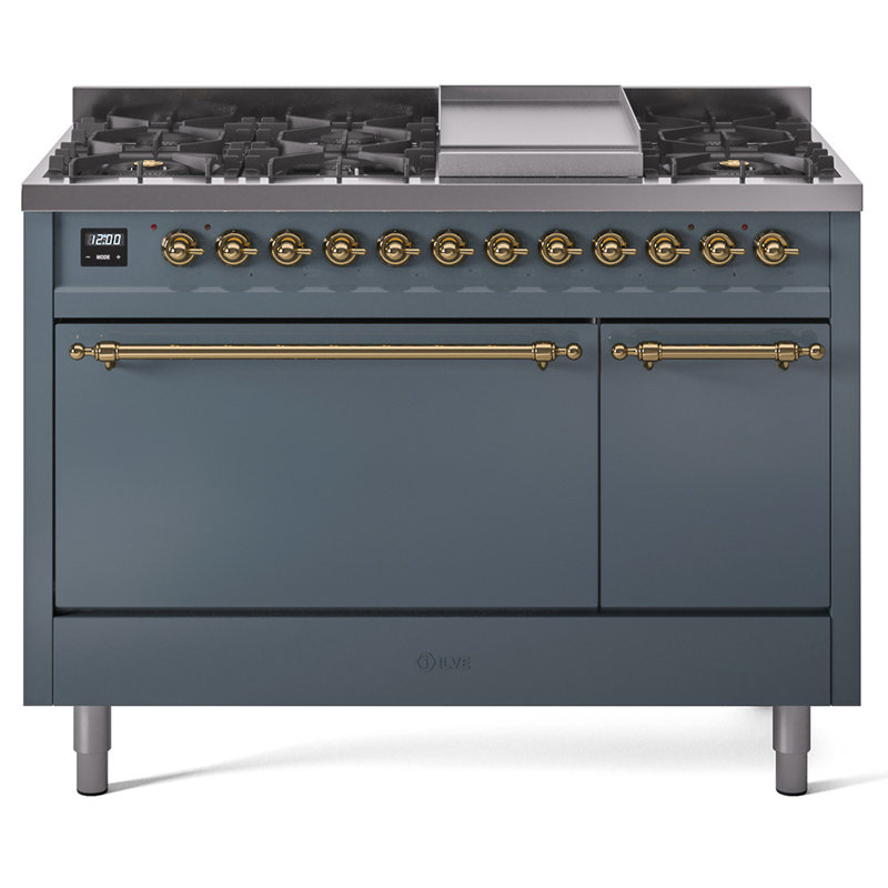 ILVE Nostalgie II 48 in Dual Fuel Range, 8 Burner, Griddle, Liquid Propane, Blue Gray/Brass
