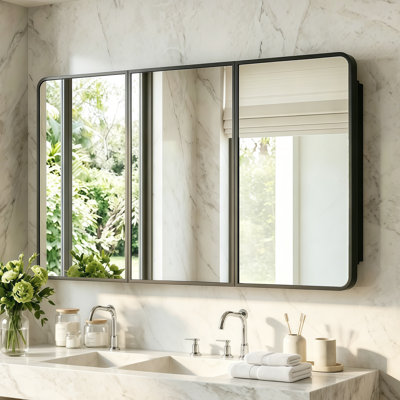 Recessed & Surface 48" x 30" 3-Door Framed Bathroom Medicine Cabinet with Mirror and Adjustable Shelves, Matte Black - Fully Assembled