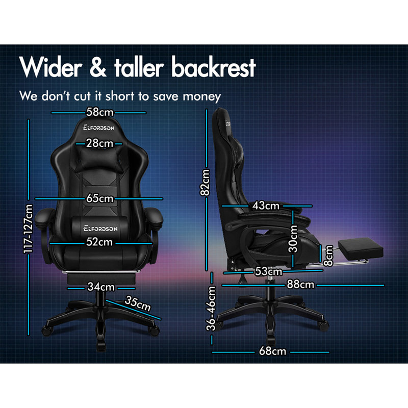 ELFORDSON Xavier Adjustable Reclining Faux Leather Swiveling PC & Racing Game Chair with Footrest, Black