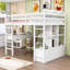 Lit mezzanine double en bois avec tablettes intégrées, tiroirs et bureau