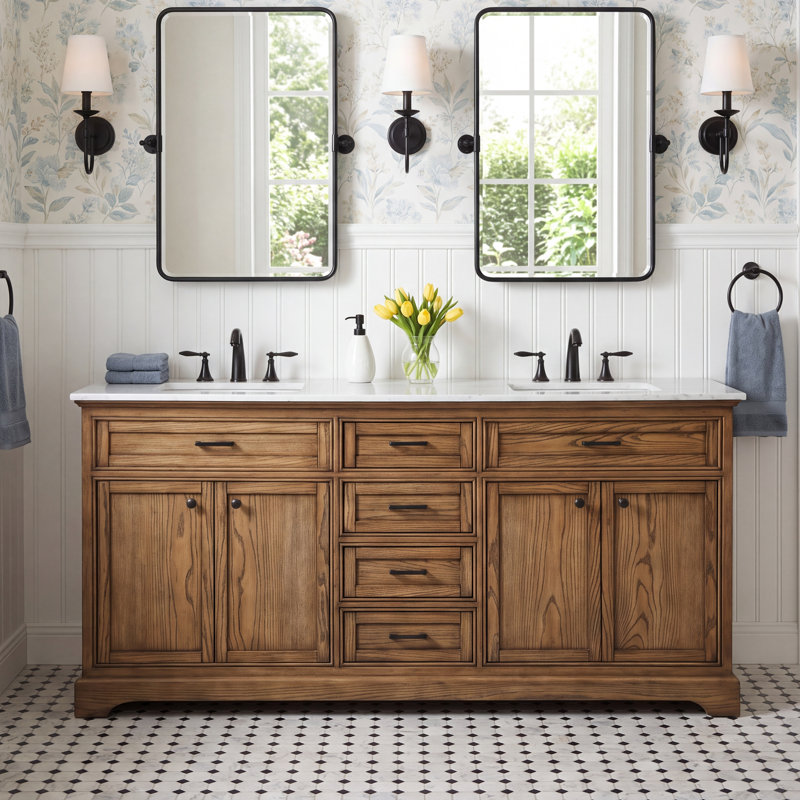 Hermes 72 " W Freestanding Standard 2 Double Vanity Bathroom Vanity With Marble Top, Carrara White, Driftwood