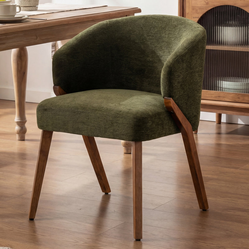 Upholstered Dining Chair with Wooden Legs, Green Chenille