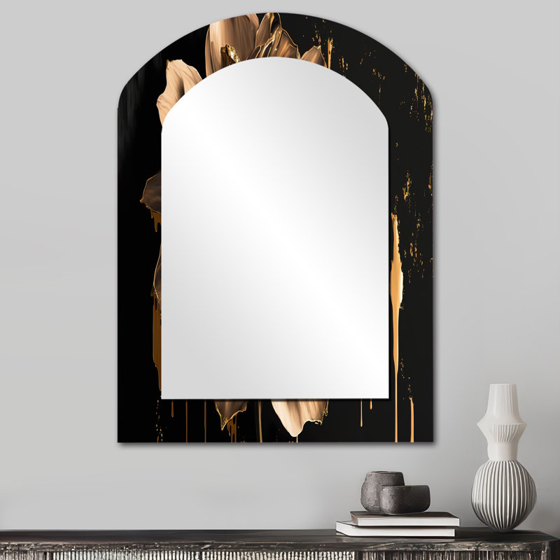 Noir et doré Dahlia - miroir arqué Dahlia, miroir mural noir asymétrique unique, impression sur métal, 34 po x 25 po