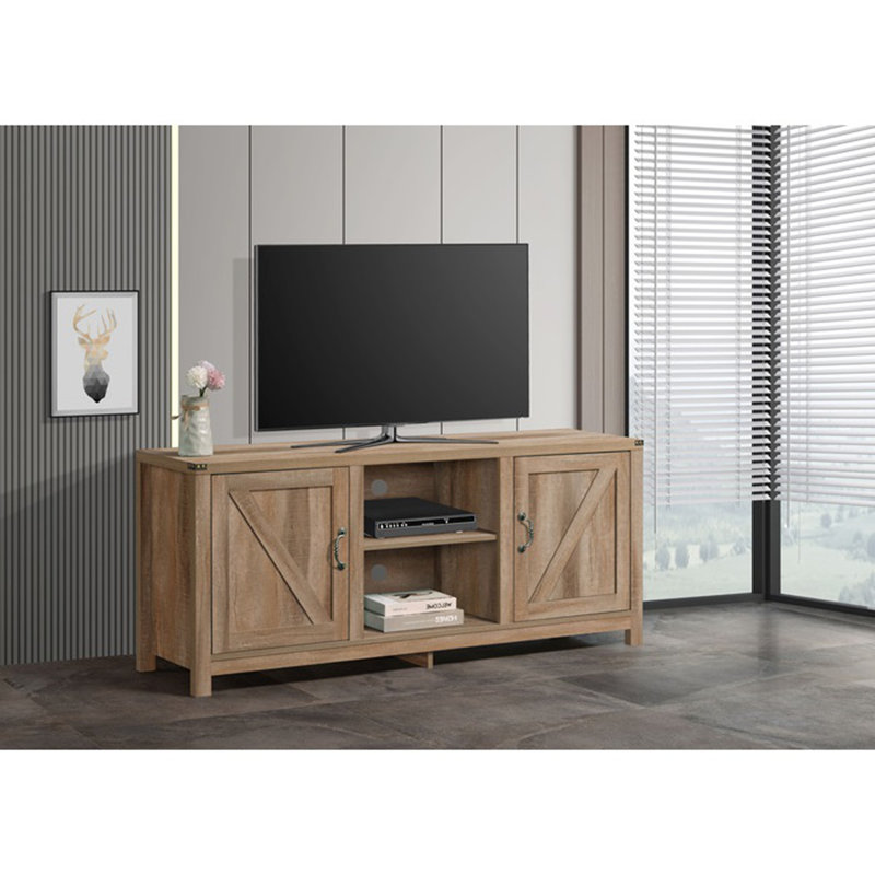 Meuble télé de style ferme en bois, 150 cm (59 po), fini papier stratifié, 2 étagères, 2 placards, pour téléviseurs de 55 à 65 pouces, chêne rustique