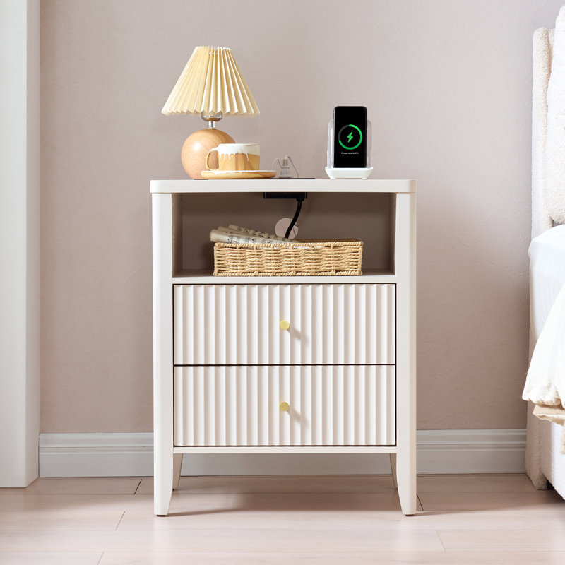 22" Nightstand with Charging Station, fluted set 2-Drawer Bedside Table with Open Shelf and Solid Wood Curved Legs