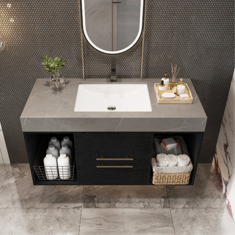 Meuble-lavabo flottant contemporain simple 39,4 po avec comptoir en faux marbre, lavabo en céramique et 2 tiroirs en bois massif multicouches