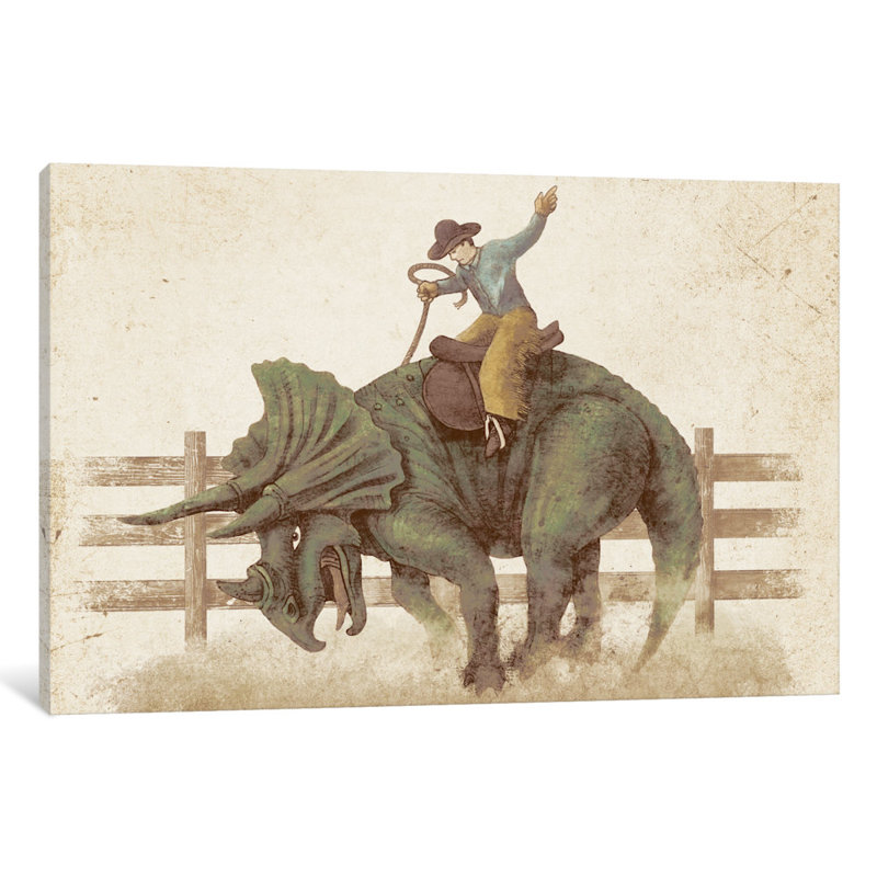 « dino rodeo », peinture sur toile tendue, H 12 po x l 18 po x P 1,5 po