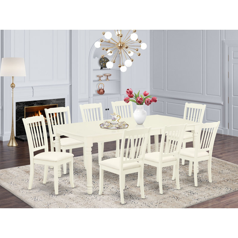 9 Piece Dining Room Set Includes a Rectangle Kitchen Table with Butterfly Leaf and 8 Linen Fabric Dining Chairs, Linen White