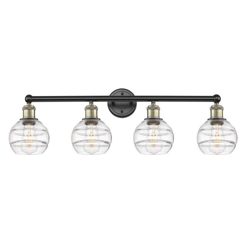Éclairage pour meuble-lavabo à 4 lumières Chartoff, Transparent, Noir/laiton antique