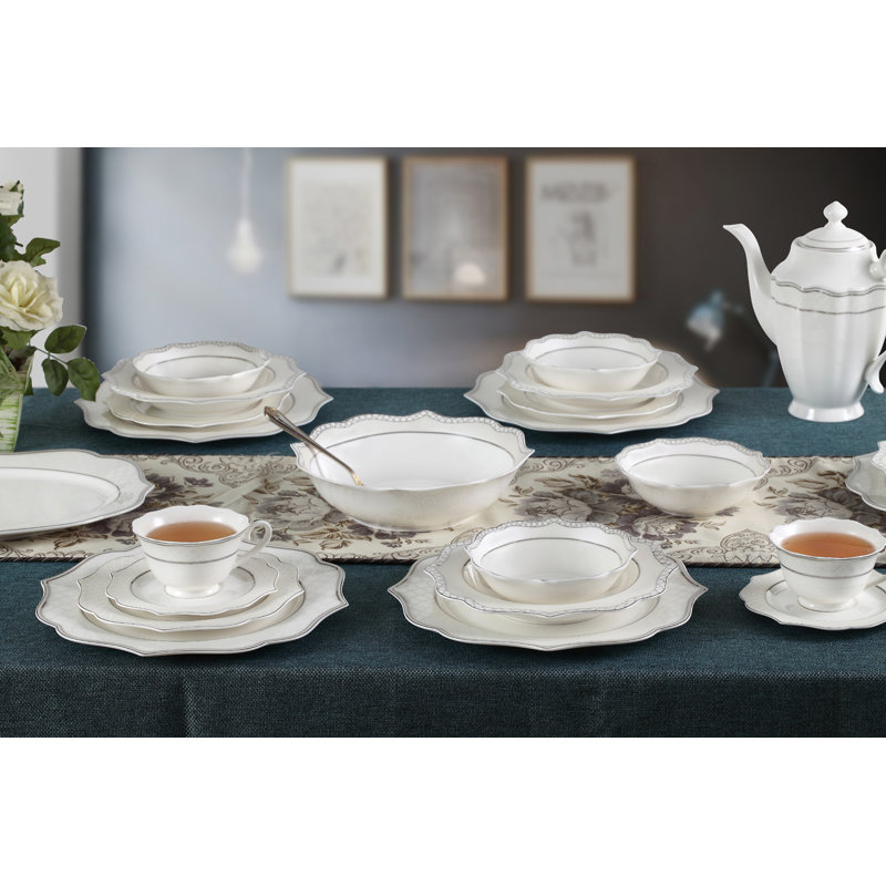 Elegant Silver Lace Porcelain Dinnerware Set, Service for 8