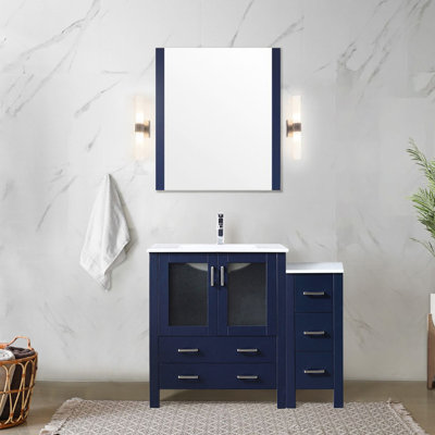 Meuble-lavabo simple bleu marine 42 po W avec armoire latérale, plateau en céramique blanche, structure en bois massif, tiroirs à fermeture en douceur, une armoire intérieure pour un rangement supplémentaire, robinet de comptoir à trous pré-percés X