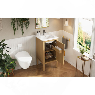 18" Bathroom Cabinet with Storage, Small Space Solution with Ceramic Sink, Adjustable Shelf, Soft-Closing Hinges