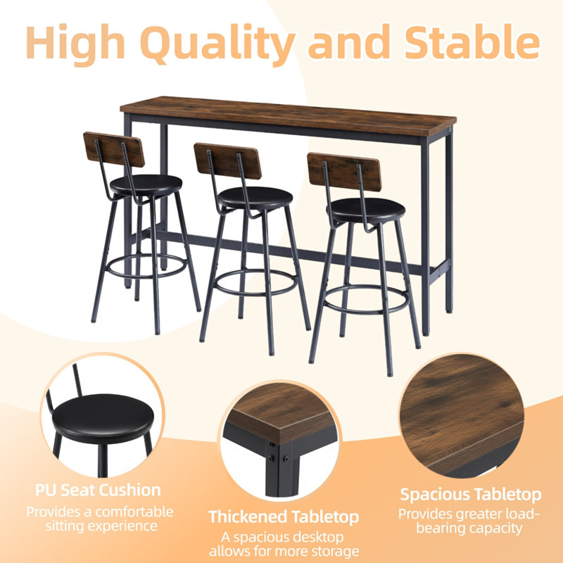Ensemble de table de bar et chaises pour 3, ensemble de table de salle à manger industriel 4 pièces avec 3 tabourets de bar rembourrés en polyuréthane, ensemble de table de bar pour cuisine, salle à manger, salon, bar, café, coin petit espace, brun rustique