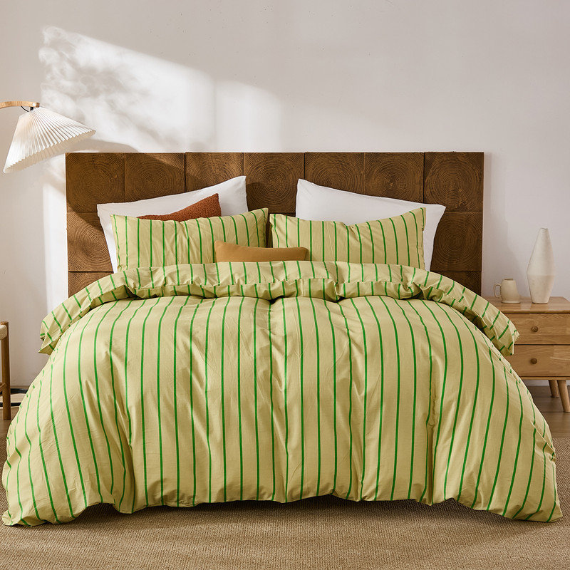 Ensemble d'édredon à rayures grand format - Ensemble de literie 100% coton, ensemble d'édredon à rayures kaki et vert 3 pièces, ensemble d'édredon en lin doux pour toutes les saisons
