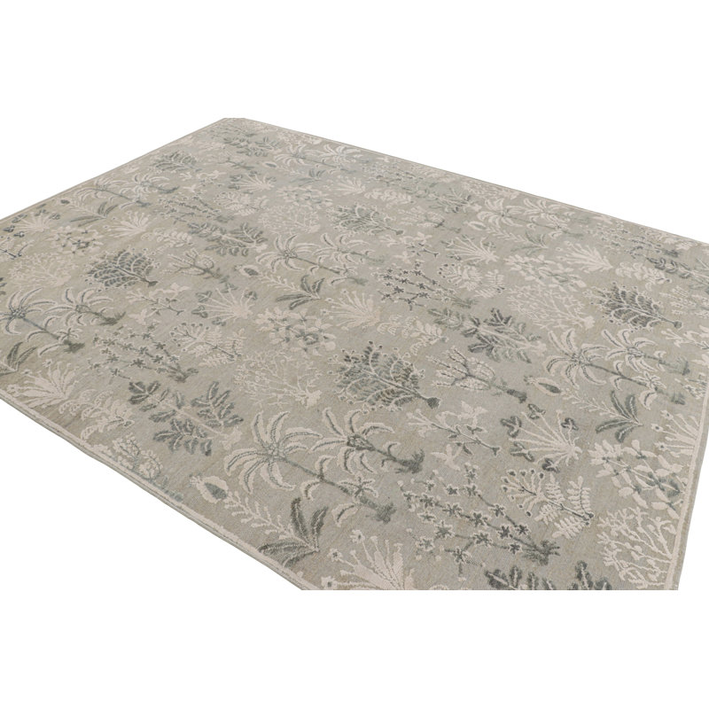 Rug & Kilim’S Modern Block Print Rug In Silver-Gray & Teal With Floral Patterns, Rectangle 13' x 19'