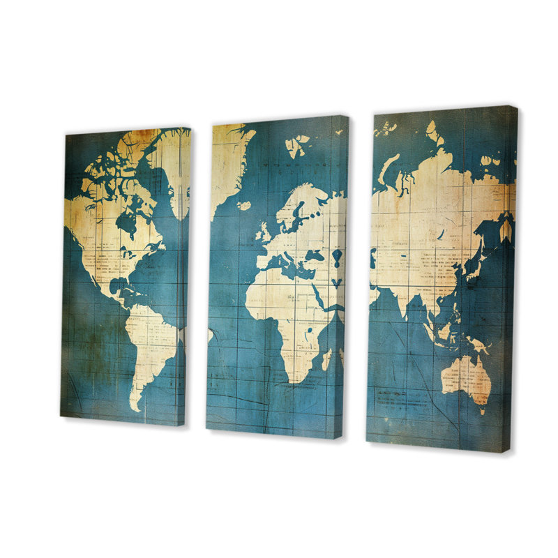 Ancienne carte du monde VI - 3 pièces sur toile tendue, H 28 po x l 36 po x P 1 po