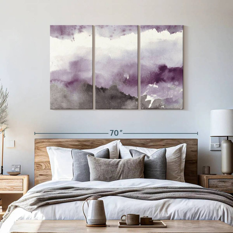 Paysage abstrait, minuit sur le lac, améthyste et gris sur toile, ensemble de 3 pièces, H 36 po x l 57 po x P 1,25 po