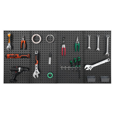 Panneaux perforés en métal, panneau perforé de 24 po x 12 po, 4 panneaux, organisateur mural robuste avec accessoires, pour le salon, le garage, le rangement des outils, le bureau, la cuisine, la maison, noir