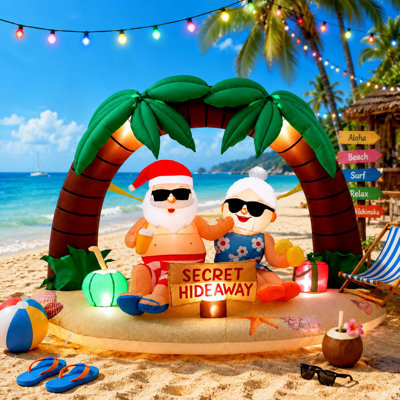 Leyndo Christmas in July Inflatable, 7 ft Christmas Inflatables Santa and Mrs. Claus Secret Ornament Built-in LED Xmas Blow up Yard Decorations for Island Holiday Beach Party Supplies