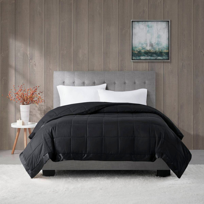 Couverture légère en duvet synthétique avec bordure en satin, Lit simple, Noir