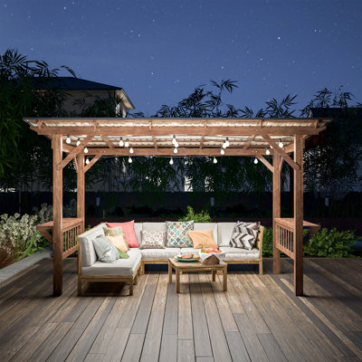 Strong Stability Wooden Pergola Gazebo With Metal Roof & Practical Counters Rational Design Bbq 13' X 6.5' Structure Stylish Bulbs
