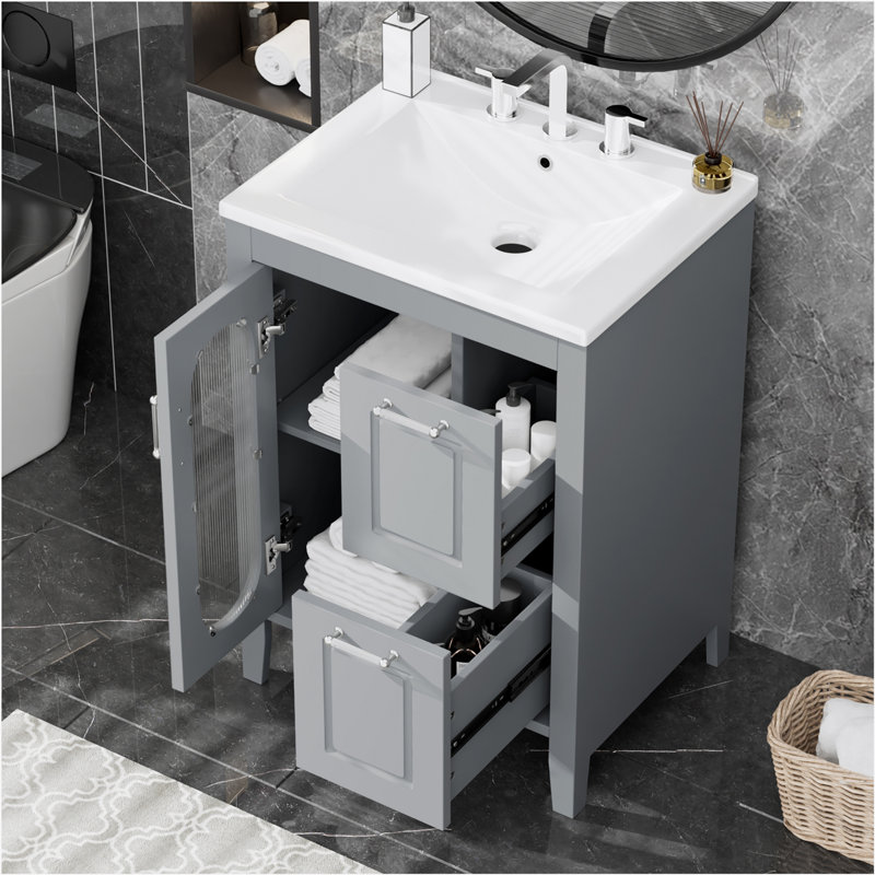 Meuble-lavabo avec lavabo, meuble-lavabo avec deux tiroirs et porte, tablette réglable