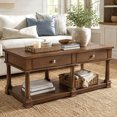 Calline Farmhouse Coffee Table with 2 Storage Drawers and Open Shelf