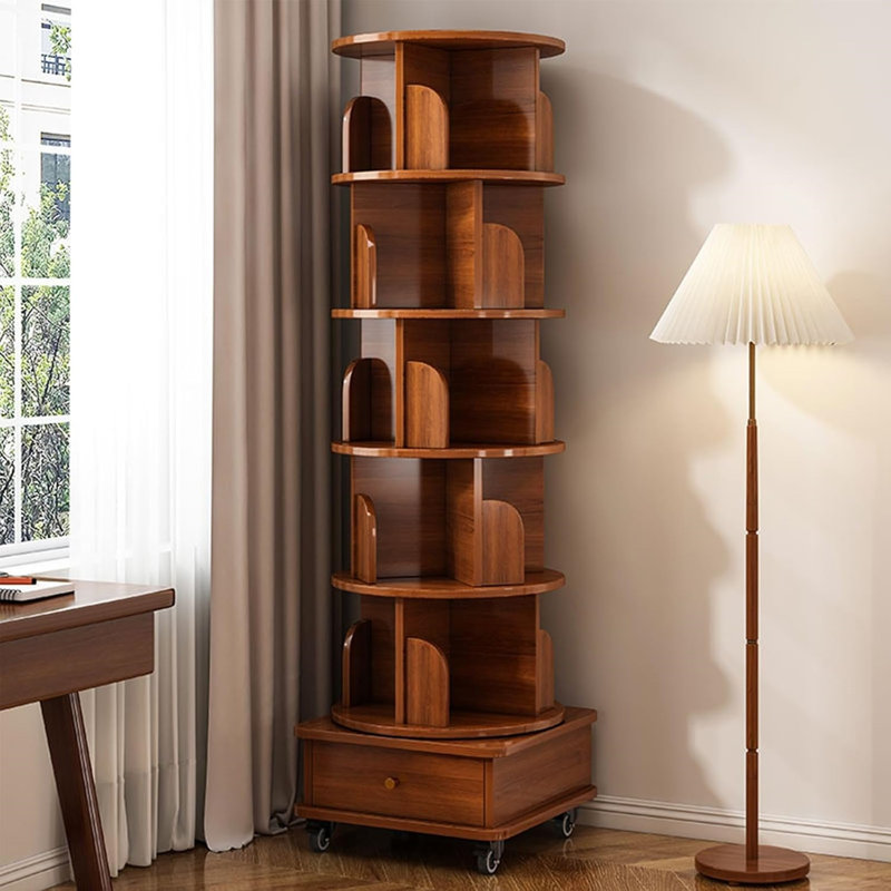 68.1'' H 5 Tier Rotating Rolling Bookcase with 1 Drawer, Walnut