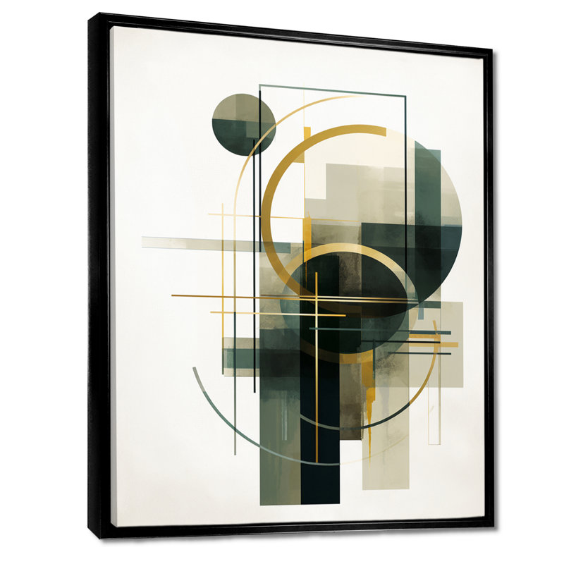 Emerald Gold Retro Geometrics - Minimalisme, art mural, salon, H 44 po x l 34 po x P 1,5 po, Toile avec cadre flottant noir