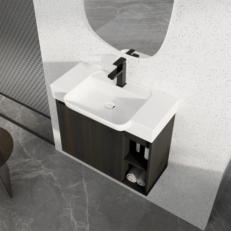 Meuble-lavabo mural 28 po avec lavabo en céramique blanche et porte à fermeture en douceur 28 po, Chêne foncé