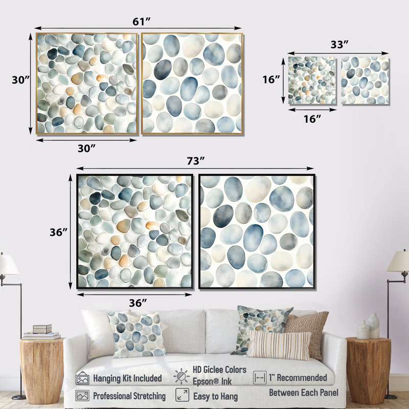 «Minimalist Meditation Stone Collage I - Meditation Wall Decor - Traditional Wall Art», 2 pièces, 16" H x 33" W, White
