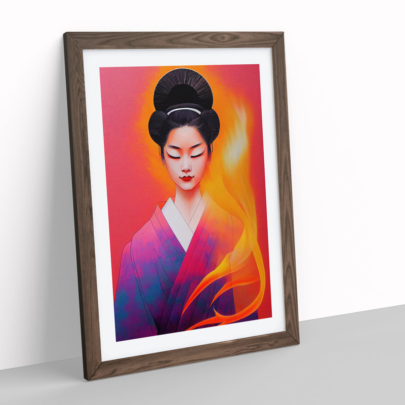 Geisha Flames - Single Picture Frame Painting, 34cm H x 25cm W x 2cm D, Walnut