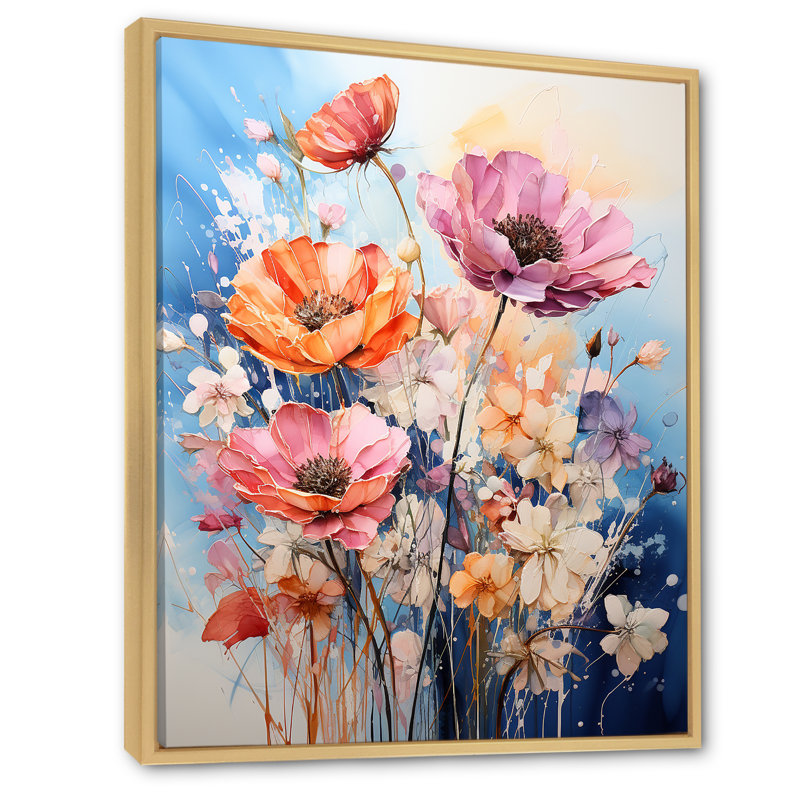 Christylee multicolore fleurs saisonnières sur bleu II - impression, H 32 po x l 24 po x P 1 po, Cadre naturel flottant