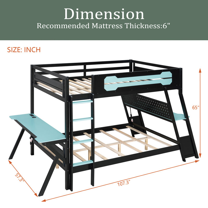 Bunk Bed With Two Built-In Gaming Desks, USB Desktop Ports & Pegboard Organizer, Gaming Bunk Frame For Gamer, Blue