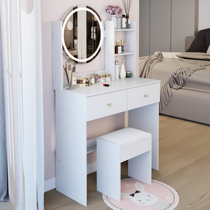 17" Round Led Vanity Table With Soft Cushion Stool, Large Mirror, Touch Switch, 3 - Color Adjustable Brightness , Multi Layer Storage, Ideal For Small Spaces, American Design, White Material ,