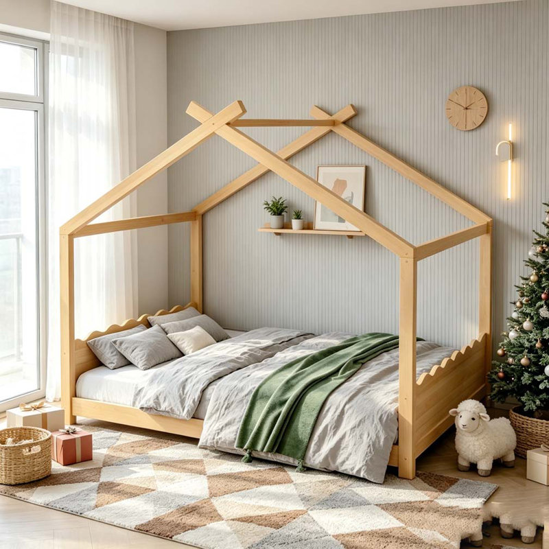 Lit de maison avec lattes de soutien, cadre de lit en bois massif pour enfants, aucun sommier et ouverture, Naturel, Grand