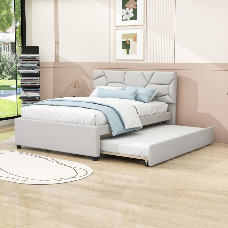 Lit plateforme double en lin avec lit gigogne et tête de lit, Beige