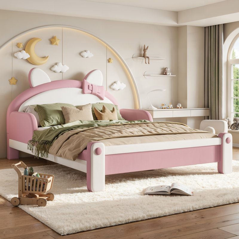 Lit plateforme tapissier pour enfant complet en forme de chat, cadre de lit pour enfant à profil bas de style princesse pour chambre à coucher, blanc et rose