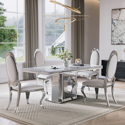 70.08" Rectangle Faux Marble Dining Table Set, Modern Kitchen Table For 4 Person (1 Table 4 Chairs)